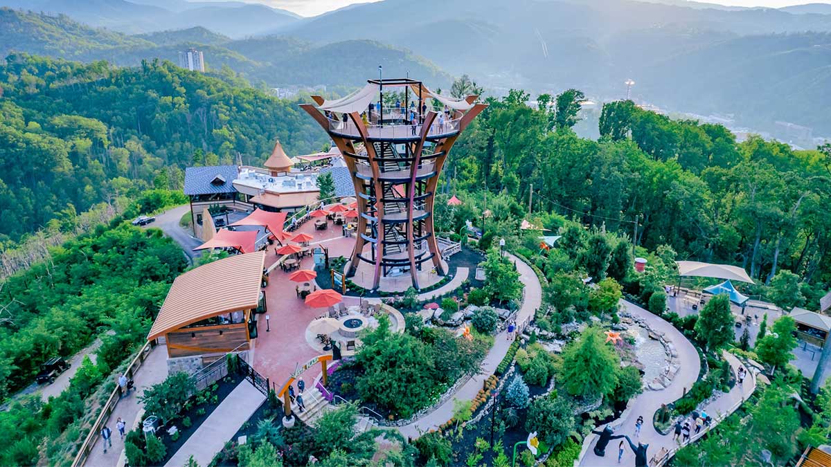 aerial view of Anakeesta surrounded by trees with mountains in distance during day in Gatlinburg, Tennessee, USA